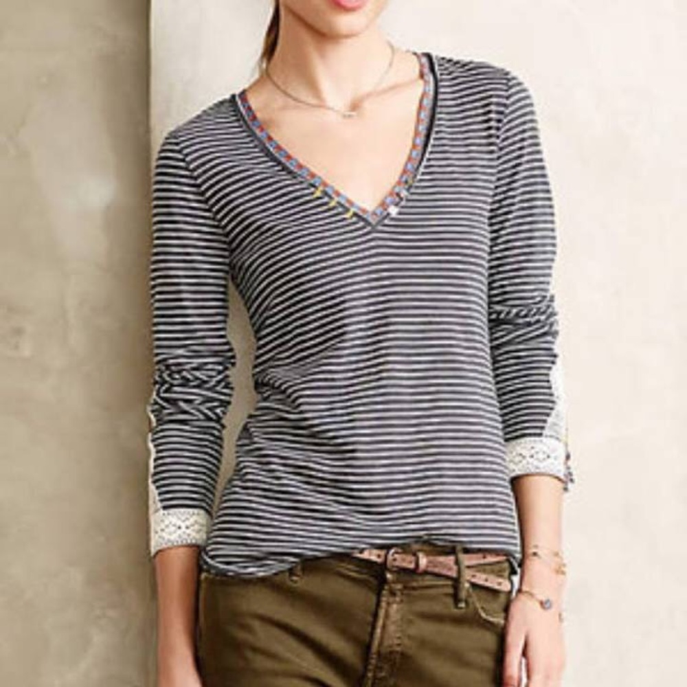 Anthropologie Little Yellow Button Striped Tee